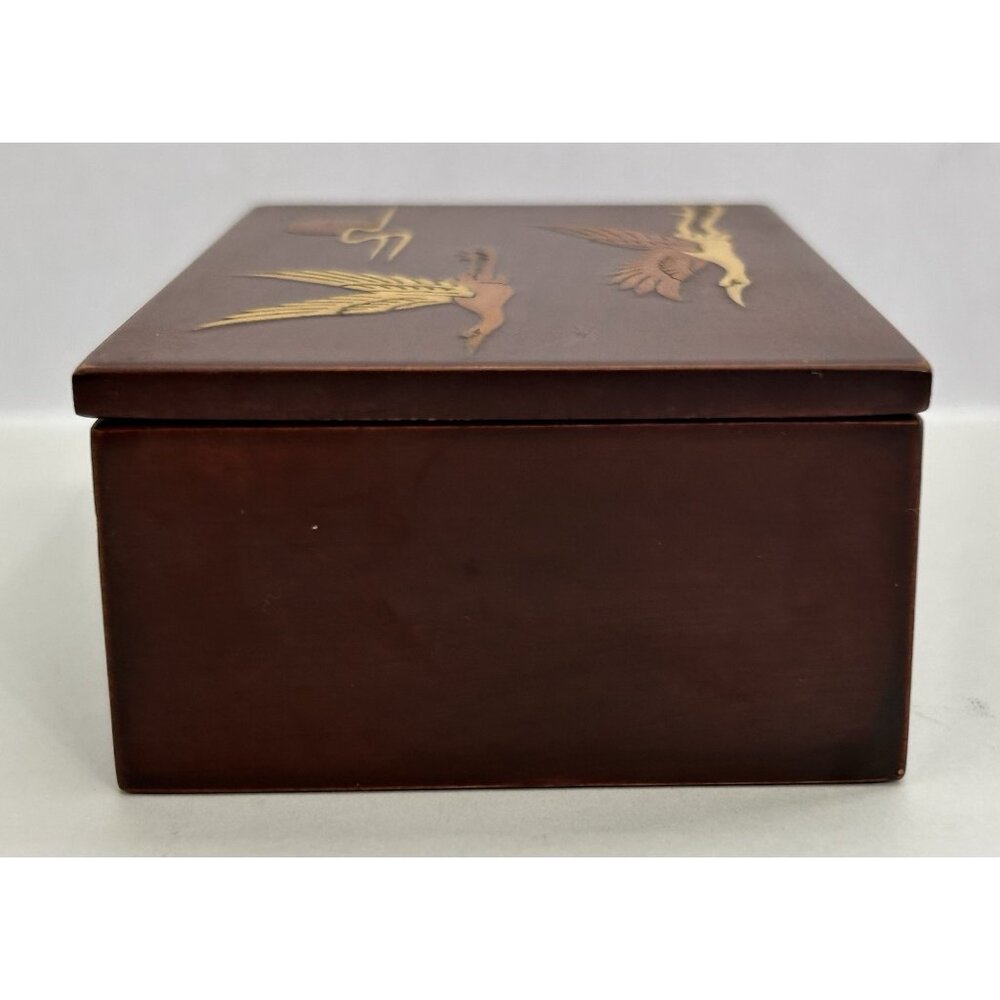 Vintage Wooden Keepsake Box Inlaid Cranes Playing Cards Trinkets Jewelry 4" x 3" - Picture 5 of 8